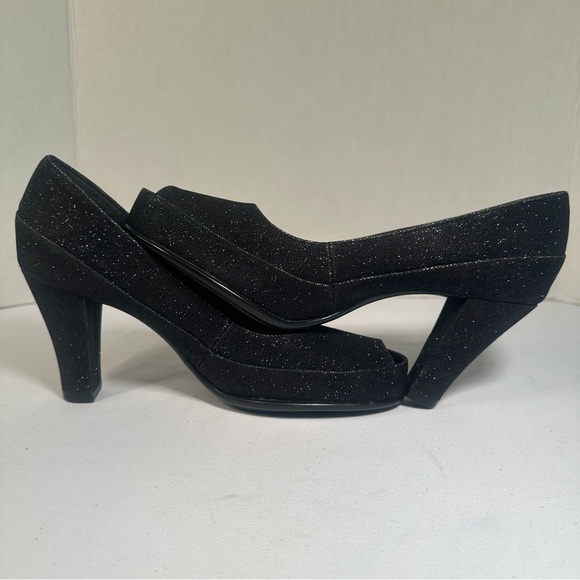 AA2 by Aerosoles Black Glitter Heels Sz 7.5 Womens Sparkle Dress Open Toe Slip-O - Picture 3 of 9